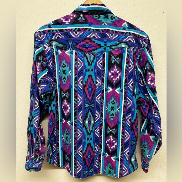 Wrangler Vintage 90s Purple/ Turquoise Southwestern /Aztec Striped Button Up (L) - Picture 2 of 8